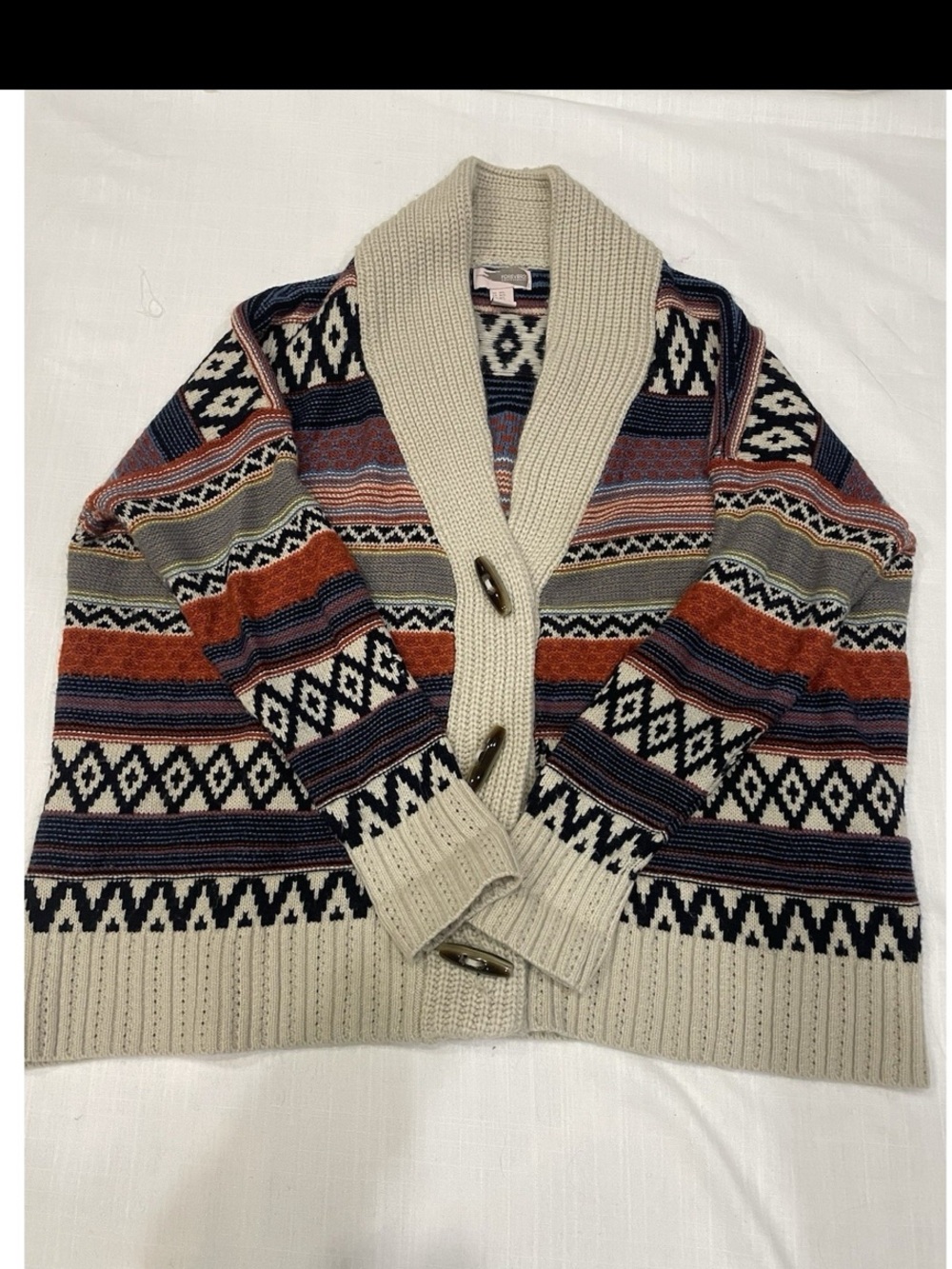 GUC Forever 21 Boho Shawl Cardigan Sweater,Cream w/Multi Color, Size S/M